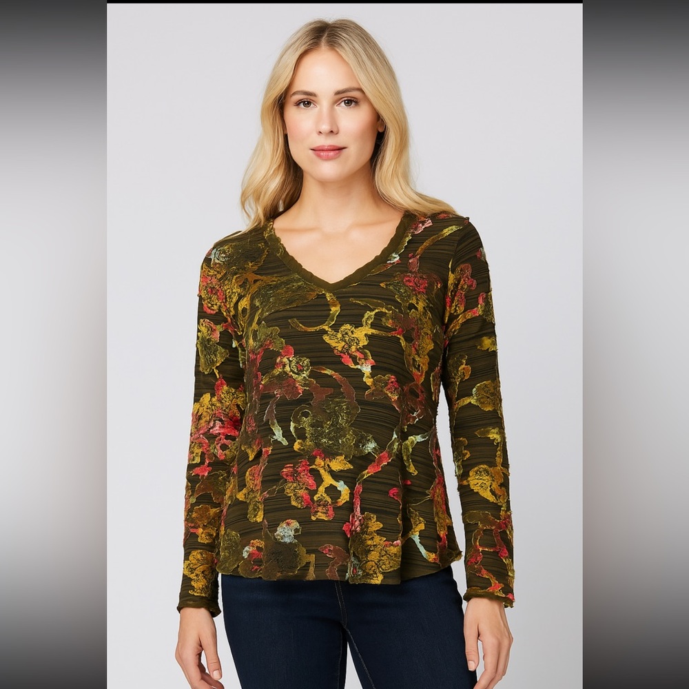 SNO SKINS Olive Multi Floral V-Neck Long Sleeve Top
